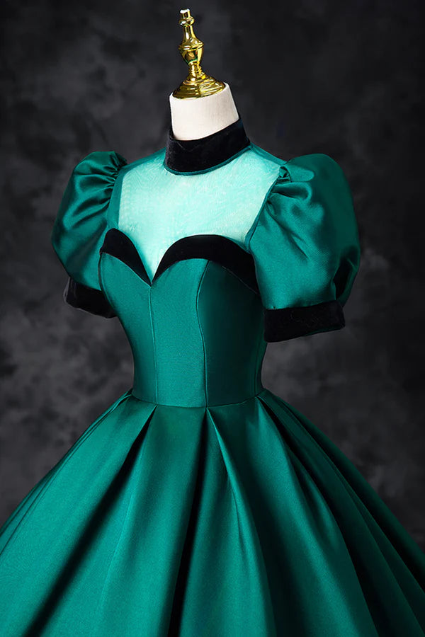 Wholesale Green Satin Long Prom Dress Elegant A-Line Short Sleeve Formal Evening Dress